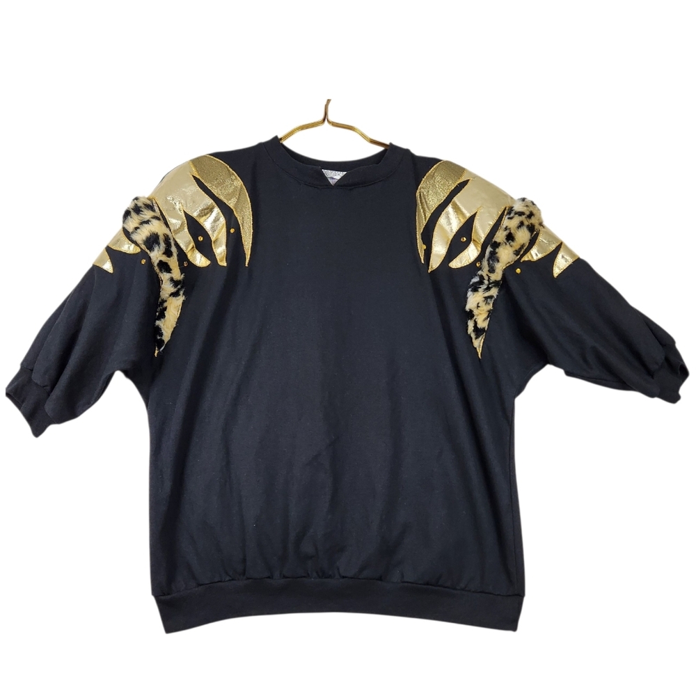 Cervelle Womens 1X VTG Black Dolman Sleeve Embroidered Animal Print Patches Top